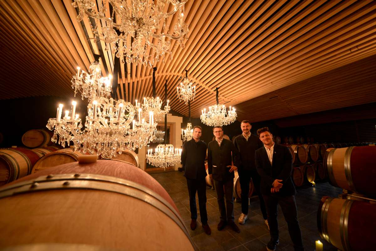 Thomas, Paddy, Gareth and Ben in the barrel room at Angélus